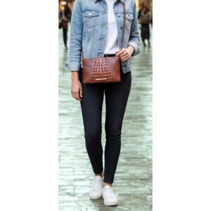 Brahmin Croc Embossed Leather Crossbody Clutch Cognac Double Zip Organizer Gold